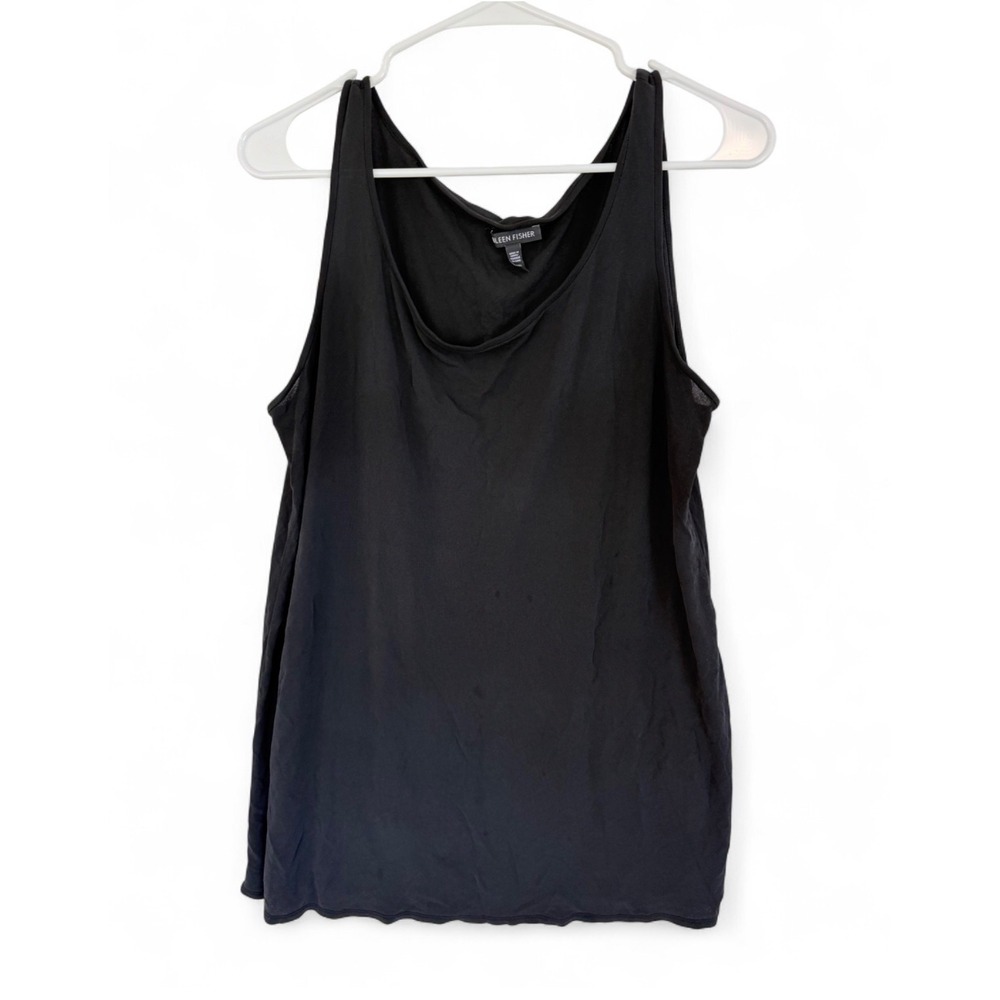 Eileen Fisher Black 100% Silk Long Basic Tank Top Large L Scoop Neck Layering